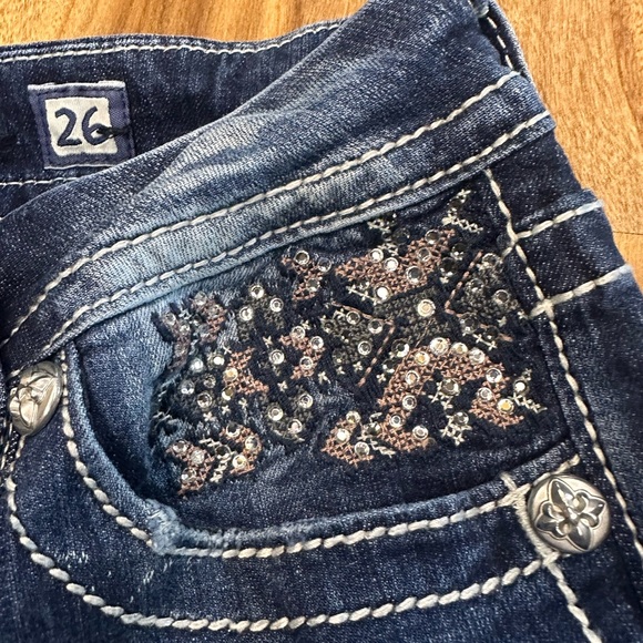 Miss Me Jeans Bootcut Size 26 Dark Wash Sequin Embellished Distressed Pockets - Picture 6 of 12